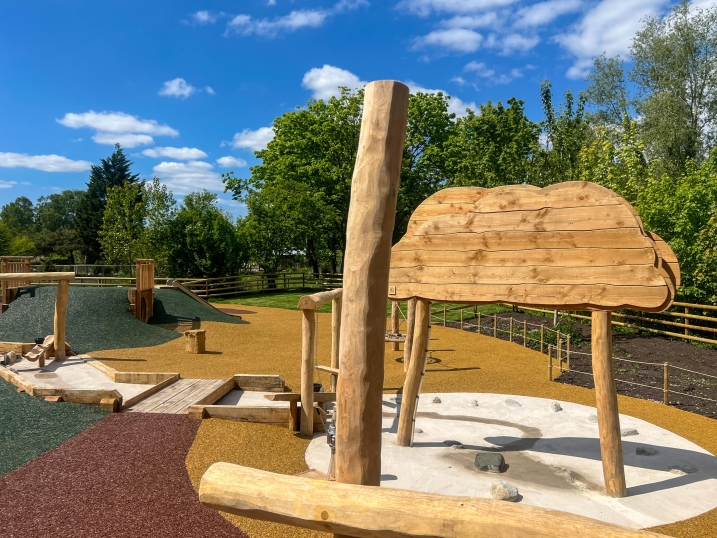A wet play area with rain curtain, bridge, and stream